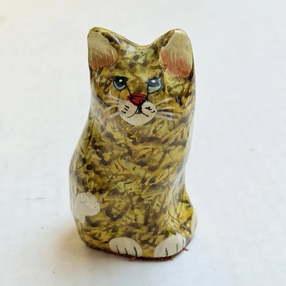 Vintage Paper Mache Cat Folk Art Handmade Painted Bow‎ Kitty Figurine Decor Gift